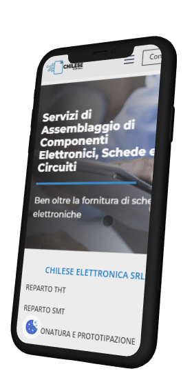 iPhone mockup showing Chilese Elettronica\x27s mobile website interface.